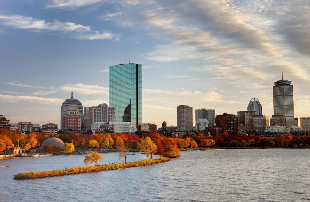 Autumn colors along the Charles River and Boston's Back Bay skyline